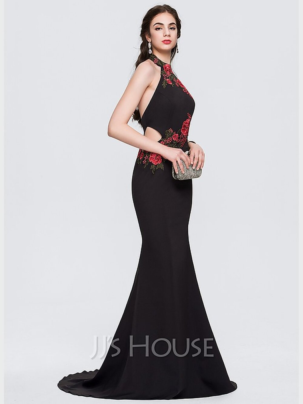 JJ’s House Black Mermaid Gown Red Rose Embroidery Halter Formal Dress Prom